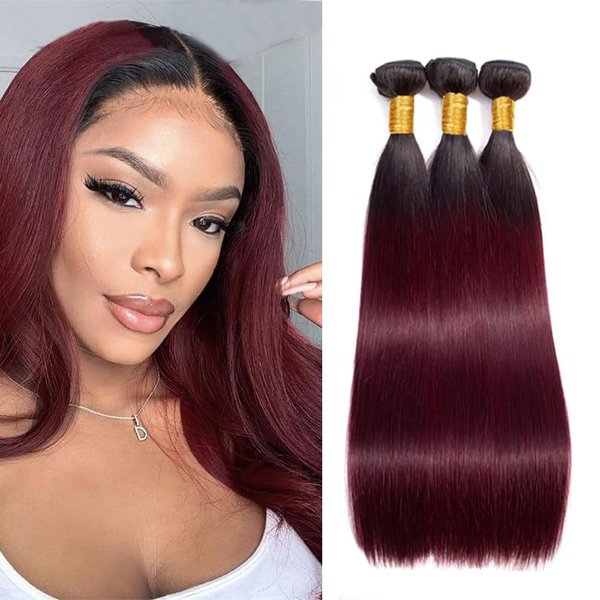 Burgundy Straight Bundles 1b99J Burgundy Human Hair 3 Bundles 24 24 24 Inch Unprocessed Brazilian Virgin Black to Red Hair Extensions Tow Tone Ombre Burgundy Bundles For Women