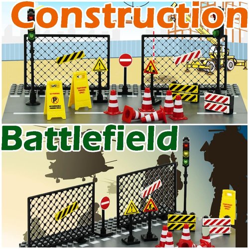 Pasacho City Road Signs Bricks Accessories, Construction Site Street Signs, Mini Traffic Cones & Crosswalk Signal Toys for Kids Building Blocks Toys for Boys