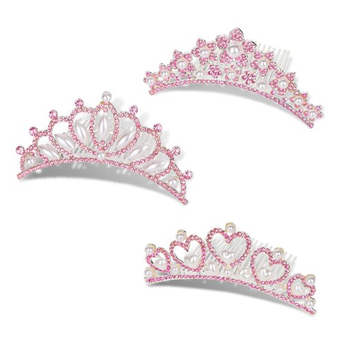 GAFATORY 3 Pcs Pink Tiaras for Girls Princess Crowns for Little Girls Princess Tiara Mini Crown for Girls Toddler Tiaras Kids Tiaras Children Crown Small Crown Baby Tiaras for Girls Pearl Tiara