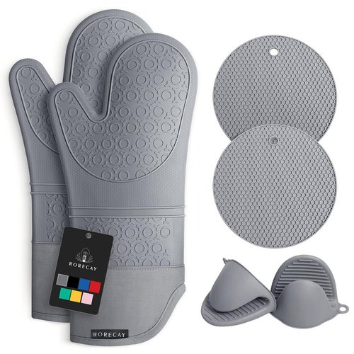 Rorecay Extra Long Oven Mitts and Pot Holders Sets: Heat Resistant Silicone Oven Mittens with Mini Oven Gloves and Hot Pads Potholders for Kitchen Baking Cooking, Quilted Liner, Gray, Pack of 6