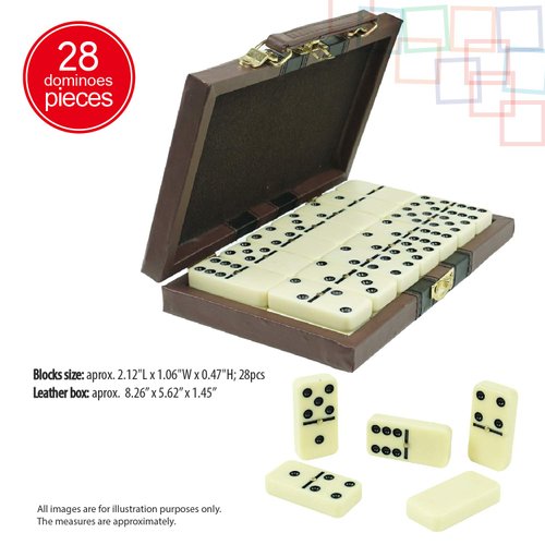 ERLLE Dominos Set Game. Premium Classic 28 Pieces Double Six Domino. Durable Leather Box. Kids, Boys, Girls, Party Favors and Anytime Use. Duoble 6 Dominoes. (Jumbo)