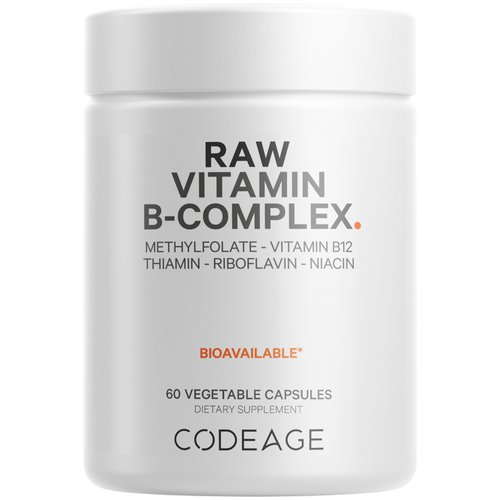 Codeage Raw Vitamin B-Complex Supplement - Essential B Vitamins with Probiotics, Digestive Enzymes, Fruits & Vegetables - 2-Month Supply - Methylfolate - Biotin - Vitamin B12 - Non-GMO - 60 Capsules