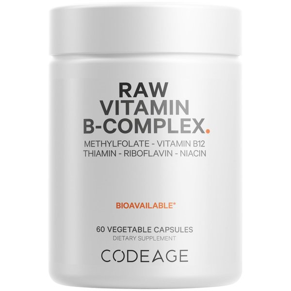 Codeage Raw Vitamin B-Complex Supplement - Essential B Vitamins with Probiotics, Digestive Enzymes, Fruits & Vegetables - 2-Month Supply - Methylfolate - Biotin - Vitamin B12 - Non-GMO - 60 Capsules