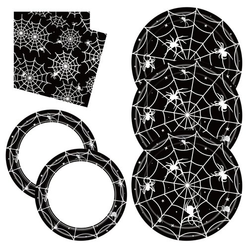 Xjoviative 60PCS Halloween Party Supplies Paper Plates and Napkins, Spider Web Disposable Paper Dinner Plates Dessert Plates and Napkins for Halloween Birthday Party Decorations Serves 20