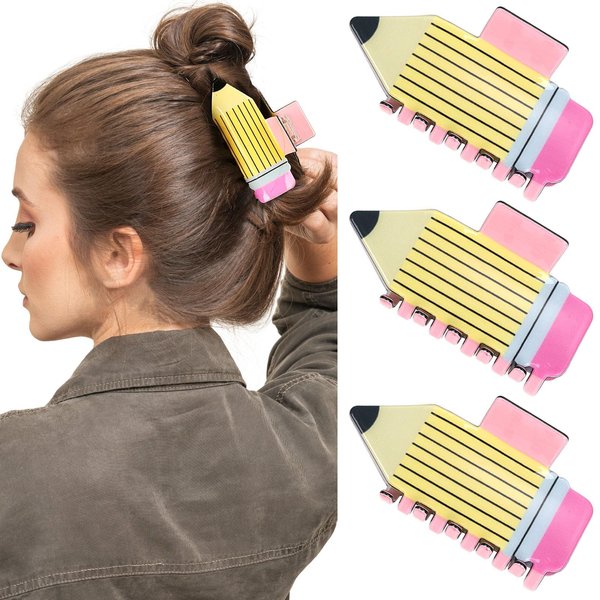 3Pcs Pencil Hair Claw Clips Funny Teacher Hair Clips Cute Christmas Back To School Hair Accessories for Teachers Appreaction Present (Yellow)