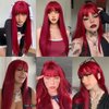 QD-Tizer Red Long Silky Straight Wigs with Bangs, Heat Resistant Synthetic No Lace Wig for Fashion Women, Natural Looking Hair Replacement Wig for Party Cosplay