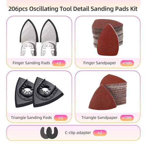 Sankuai 206pcs Oscillating Tool Detail Sanding Pads Kit, 2pcs Triangle Sanding Pads, 2pcs Finger Sanding Pads, 2pcs C-Clip Adapters, 200pcs 40mm 80mm Multitool Sandingpaper for Wood Plaster Sanding