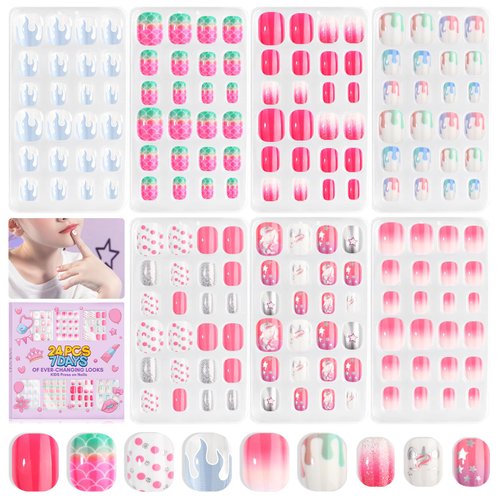 SAVILAND 168Pcs 7 Pack Press on Nails for Kids Children Fake Nails Stick on Nails Pre-glue Full Cover Glitter Gradient Color Star Short Acrylic Nail Tips Nail Art Christmas Gifts for 8-12 Year Kids