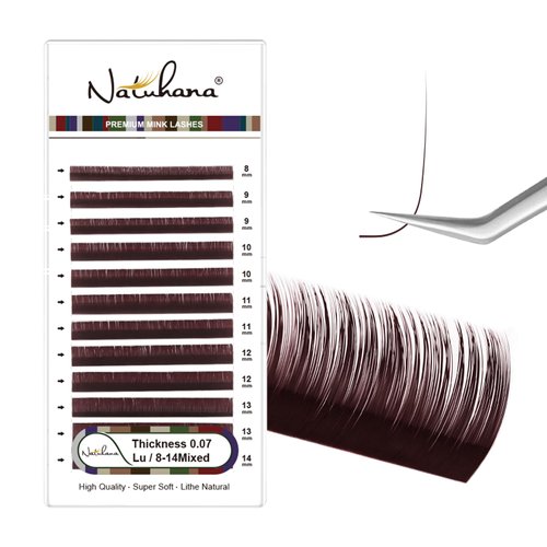 NATUHANA Colored Eyelash Extensions 0.07mm LU Curl 8-14mm Mixed Tray Color Lash Supplies Individual Classic Colorful Lash Extensions Dark Brown Volume Lash Extensions (Burgundy;0.07 LU, 8-14 MIX)