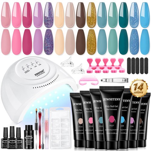 JEWHITENY 14 Colors Poly Nail Extension Gel Kit Poly Nails Gel Kit Nude Pink Purple All In One Starter Kit Builder Gel with Nail Lamp Base Top Coat Matte Top Coat Gift for Women