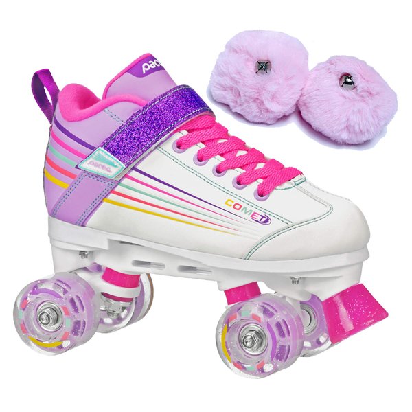 Pacer Comet Kids Light Up Roller Skates Bundle with Baby Pink Poms (Kids 4)