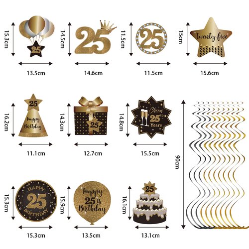 Happy 25th Birthday Party Hanging Swirls Streams Ceiling Decorations, Celebration 25 Foil Hanging Swirls with Cutouts for 25 Years Old Black and Gold Birthday Party Decorations Supplies