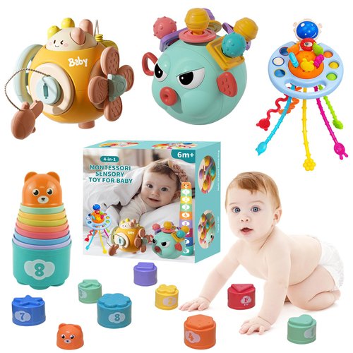 Elfew Baby Toys 6 to 12 Month, 4 in 1 Montessori Toys Set, Sensory Toys for Babies, Infant Toys Include Busy Cube, Silicone Pull String, Stacking Cups and More, Gift for 1 Year Old Boy and Girl