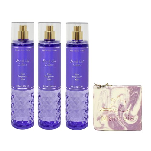 Bath & Body Works Fresh Cut Lilacs 3 Pack Fragrance Mist Bundle with a Lavender Dream Bar Soap - Full Size