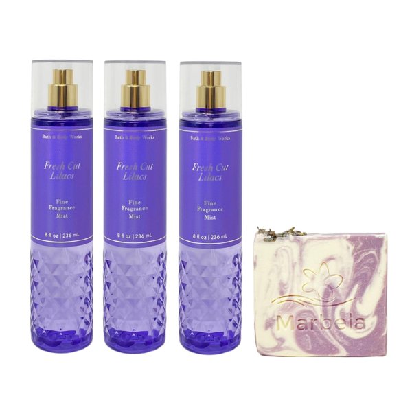 Bath & Body Works Fresh Cut Lilacs 3 Pack Fragrance Mist Bundle with a Lavender Dream Bar Soap - Full Size