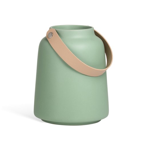 Torre & Tagus Lido Sage Green Cylinder Vase with Handle in Faux Leather - 6" Tall Flower Vase for Centerpiece, Ceramic Round Vase for Home Decor or Wedding Table Decor (Sage Green Vase 5" Dx6 H)