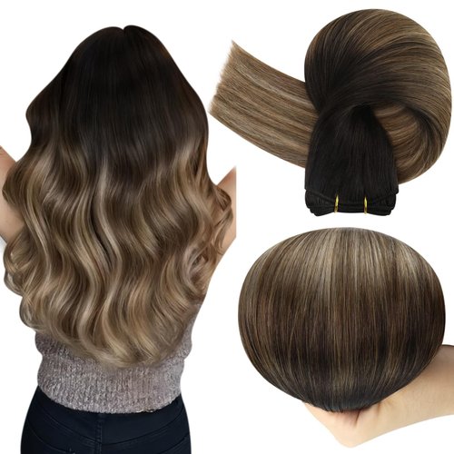 Full Shine Ombre Human Hair Weft Extensions Color Off Blackto Dark Brown Mix Caramel Brown Sew In Hair Extensions Human Hair Double Weft Hair Extensions Soft Silky Straight Hair 105G 16 Inch
