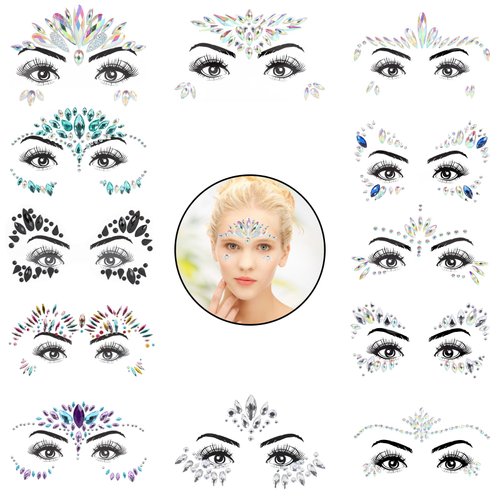 Fatsorl 12 Sheets Face Tattoos Stickers Crystal Self Adhesive Rhinestones Face Jewel Stick on Rhinestone Makeup for Women, Girls