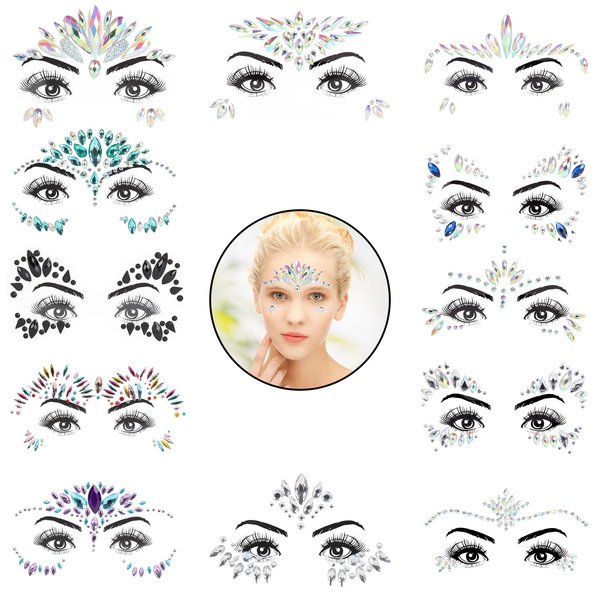 Fatsorl 12 Sheets Face Tattoos Stickers Crystal Self Adhesive Rhinestones Face Jewel Stick on Rhinestone Makeup for Women, Girls