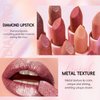 HOSAILY Metallic Rose Red Lipstick Long Lasting, High Shine Glitter Diamond Creamy Lipstick Transfer Proof, Shimmer High Impact Lip Color Full Coverage Non Stick Cup Lightweight Lip Makeup#4