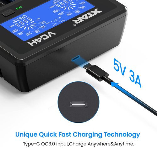 18650 Charger XTAR VC4H Battery Charger 4 Bays Updated 21700 Battery Charger USB C Charger Not Including Batteries (VC4H Charger)
