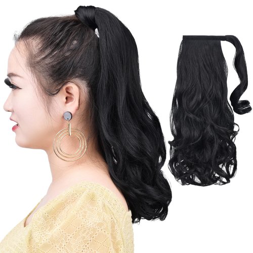 HSPCYGG Black Ponytail Extension Wrap Around Clip in Ponytails 16&quot; 4.2 Oz Synthetic Women Black H...