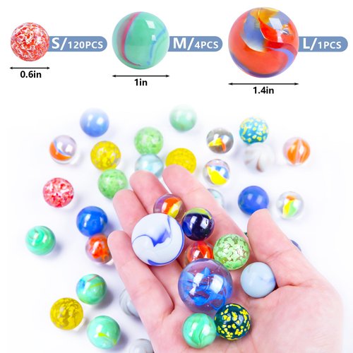 Shindel 125PCS Glass Marbles Bulk, Round Glass Beads with Marble Jar Assorted Style Kid Marbles Game Marble Run Vase Fillers