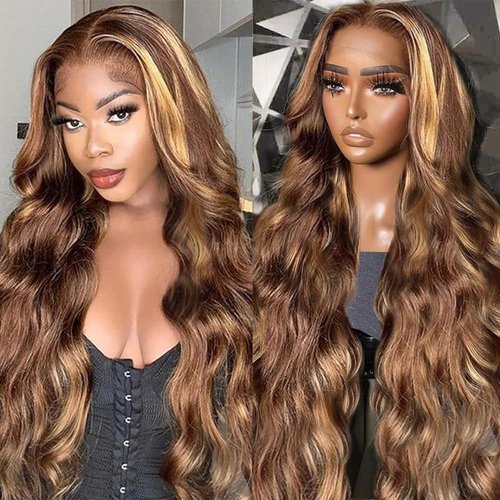 Honey Blonde13x6 HD Lace Front Wigs Human Hair Highlight Body Wave Human Hair Lace Front Wigs for Black Women 4/27 Colored Ombre Body Wave Lace Frontal Wigs 180% Density (28 inch)
