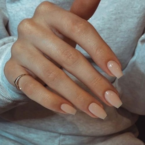 KXAMELIE Nude Square Press on Nails Short Medium Coffin,T-shape Gel Fake Nails for Women Girls,Neutral False Glue on Nails Medium Length,Reusable Acrylic Nails Press ons in 24PCS