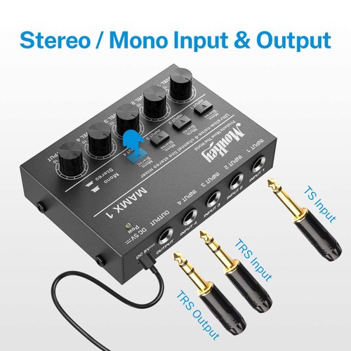 Moukey Mini Audio Mixer Line Mixer, DC 5V, 4-Stereo Ultra, Low-Noise 4-Channel for Sub-Mixing, Ideal for Small Clubs or Bars, As Guitars, Bass, Keyboards Mixer, 2021 New Version-MAMX1
