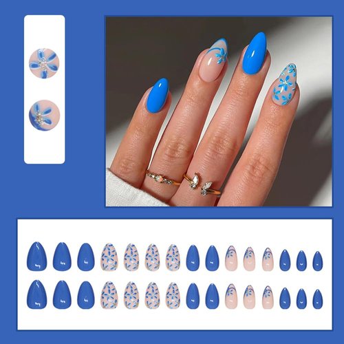 30 Pcs Blue Pink Press on Nails Short Almond - SHANRUN Glitter Extra Short Fake Nails Press ons Nail Art Tips Glue on Nails Full Cover Acrylic False Nails with Cat's Eye Flowers Design Stick on Nails