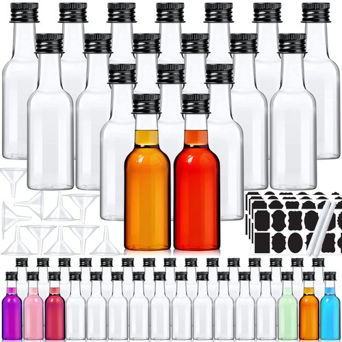 YZXODN 50 Pack 1.8 oz Mini Liquor Bottles,Plastic Alcohol Bottles with Funnels,Airtight Shot Bottles,Little Spirit Bottle with Black Cap,Hot Sauce Bottles for Cocktail,Party Favors,Weddings