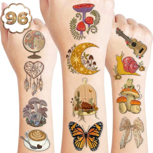 96 PCS Vintage Aesthetic Tattoo Stickers Temporary Tattoos Birthday Party Decorations Favors Supplies Decor Retro Boho Sticker Gifts for Kids Women Adults Girls Boys School Rewards Carnival Christmas