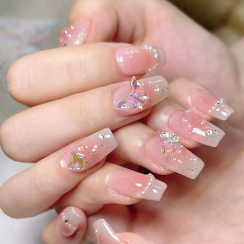 Hkanlre Bling Butterfly Press on Nails Medium Cute Fake Nails Tips Full Cover False Coffin Nails for Women and Girls 24PCS