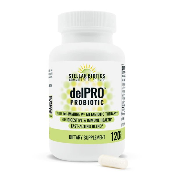 Del-Immune V® + Delpro Probiotic & Prebiotic Blend by Stellar Biotics - Promotes Optimal Gut Health, Digestion, Immune Support & Mood (120 Capsules)