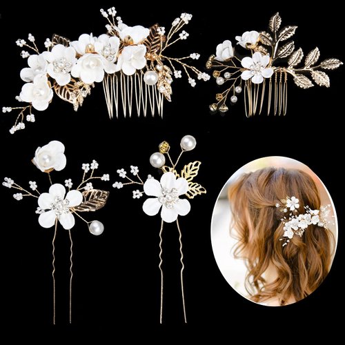 Wedding Bridal Hair Pins 4 Pieces Hair Side Combs Pearl Flower Hair Pins Rhinestone Hair Accessories for Women and Girls