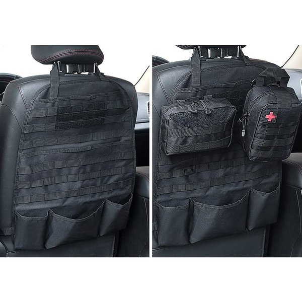 wrumava Car Seat Back Organizer, Tactical Molle Nylon Vehicle Panel Universal Fit Car Backseat Cover Protector (Olny Black molle seat organizer)