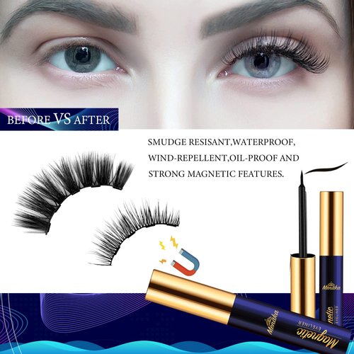 Magnetic Eyelashes with Eyeliner Kit- 10 Pairs Premium 3D Natural Look Reusable Magnetic Lashes with Applicator, 4 Tube Strong Magnetic Eye Liner by Menaka, Easy Magnet Lashes to Apply.