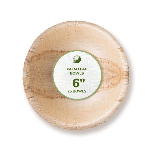 Palm Leaf Bowl - Environmentally Disposable Tableware | 25 Pieces | 6.0 Inches Round | Disposable Salad bowl, Dip Soup bowl, Serving bowls, Snack trays