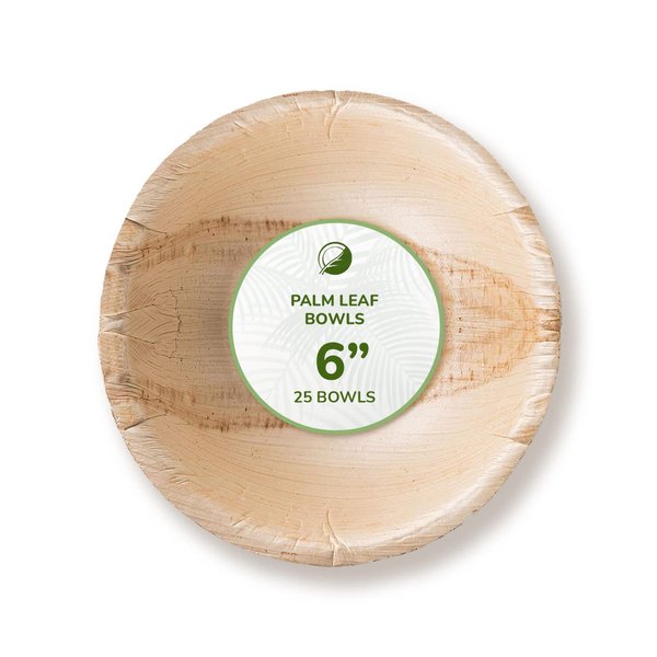 Palm Leaf Bowl - Environmentally Disposable Tableware | 25 Pieces | 6.0 Inches Round | Disposable Salad bowl, Dip Soup bowl, Serving bowls, Snack trays