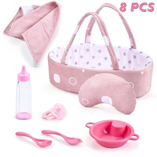 Enjoyin 8 Pcs Baby Doll Accessories Set Includes Feeding Bottle, Pacifier, Blanket, Pillow, Tablewares and Bassinet Carrier for 9'' to 12'' Dolls