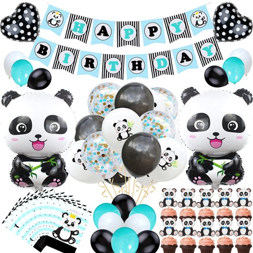Welliboom Cute Cartoon Panda Birthday Party Supplies with Banner, Children Party Decoration, Boy Birthday Party Decoration, Full Birthday Set 66PCS For Birthday Party