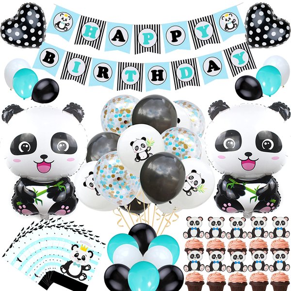 Welliboom Cute Cartoon Panda Birthday Party Supplies with Banner, Children Party Decoration, Boy Birthday Party Decoration, Full Birthday Set 66PCS For Birthday Party
