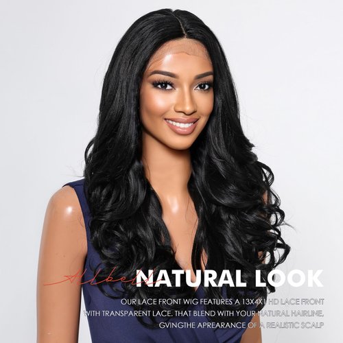 Allbell Long Wavy T Part Lace Front Wigs for Black Women Body Wave Natural Black Hair Middle Part 13x4x1 HD Lace Wig Synthetic Heat Resistant Fiber