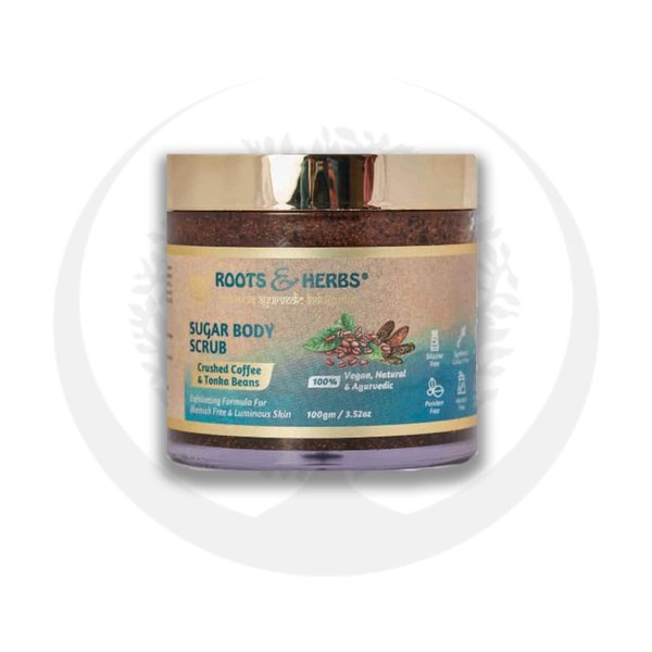 ROOTS AND HERBS Crushed Coffee and Tonka Beans -Exfoliating Body Scrubs for Men & Women - Face Scrub,Foot Scrub Dark Spots, Brightening Inner Thighs Bikini Area Underarms, Butt Scrub Exfoliator