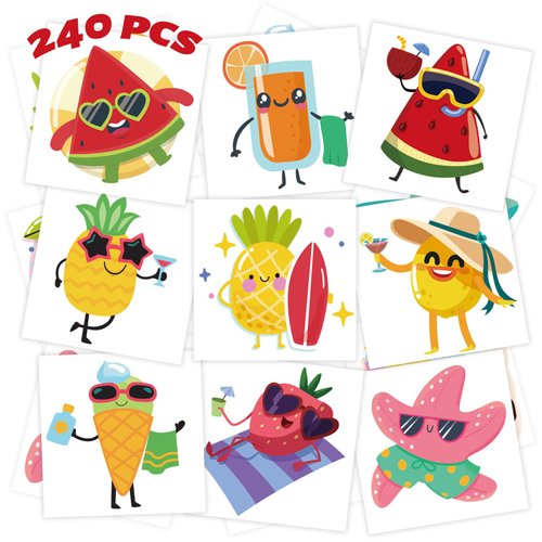 winthrop 240 Pcs Summer Fruit Temporary Tattoos for Kids, Individually Wrapped Waterproof Safety Tattoos, Hawaiian Luau Themed Best Choice for Summer Beach Pool Party, 60 Different Designs