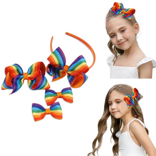 Rainbow Hair Headband Gay Pride Day Bow Hairstyle Hairpin Colors Candy Grosgrain Ribbon Hair Clips Accessories for LGBT Women Girls Party Parades Celebrations Festival Hair Pins Decorations 4 Pcs