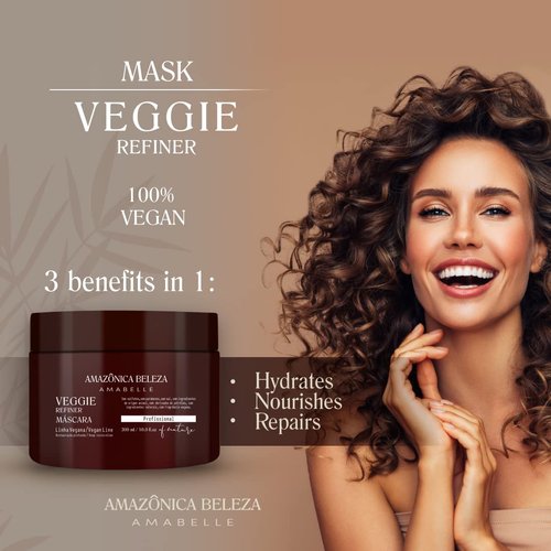 AMAZONICA BELEZA Vegan Veggie Refiner Hair Mask, Nourishes, Moisturizes and Repairs, Sulfate, Parabens and Cruelty Free, with Natural Ingredients for all Hair Types, 10 Oz