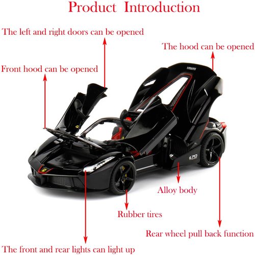 iLooboo Toy Cars Model Ferrari Roadster 1/24 Black LaFerrari Die-cast Vehicles with Sound and Light