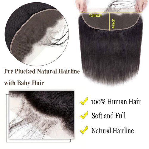 13x4 Straight Frontal Closure Human Hair Brazilian Virgin Hair Ear To Ear Lace Frontal Closure Pre Plucked Baby Hair Natural Color for Black Women 14inch